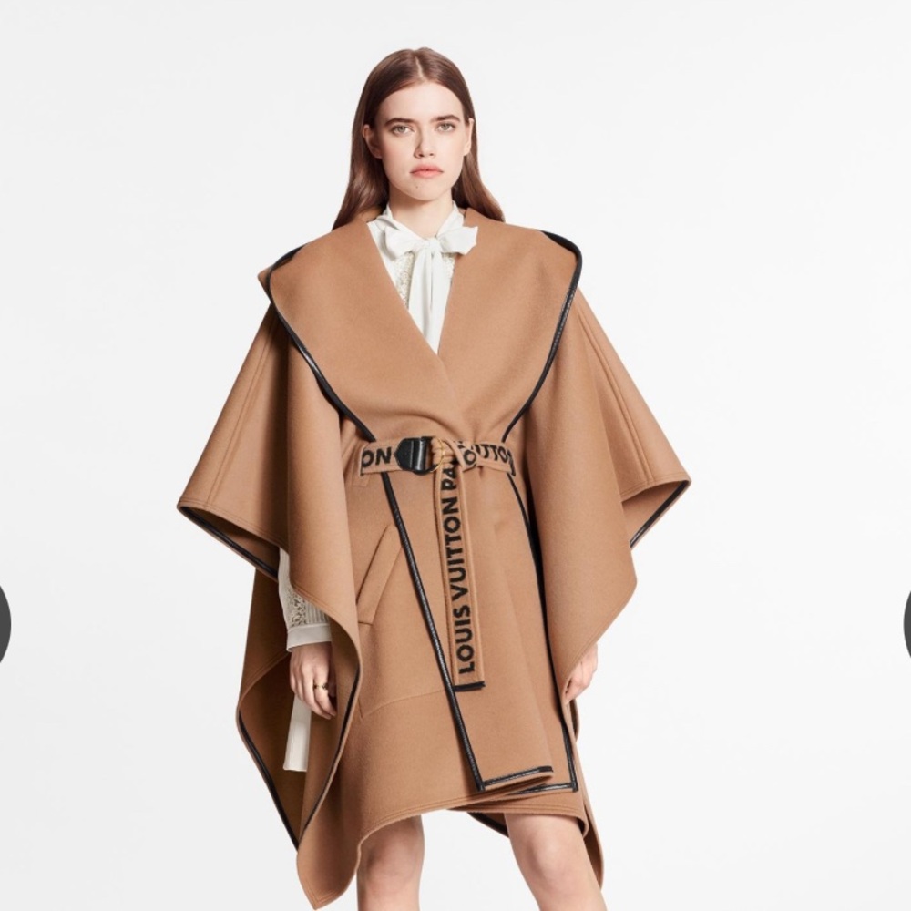 Louis Vuitton Camel Cape Poncho with Black Trim, Belt and Hood